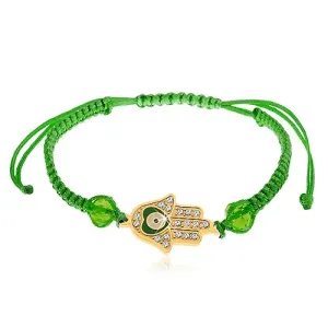 Narukvica od uzica zelene boje, Fatimina ruka, prozirni cirkoni, perle
