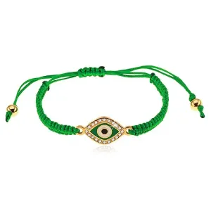 Pletena narukvica tamno zelene boje, simbol oka ukrašen sa prozirnim cirkonima