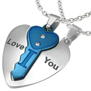 Čelični dvostruki privjesak, srce srebrne boje s plavim ključem, natpis, cirkoni