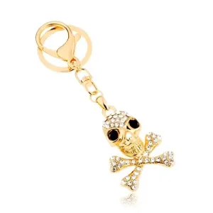 Privjesak za ključeve, zlatna nijansa, lubanja s kostima ukriž, cirkoni