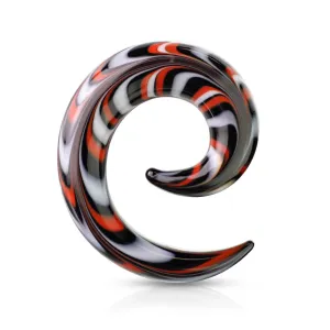 Spiralni proširivač za uho izrađen od stakla – bijele, crvene i crne šare  - Širina: 12 mm