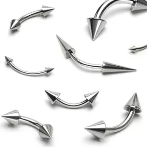 Čelični piercing za obrve - dva sjajna šiljasta vrha - Mjere: 1,2 mm x 11 mm x 3x3 mm
