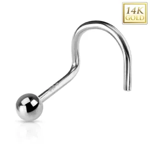 14K zlatni piercing za nos - savijeni oblik, sjajna glatka loptica, bijelo zlato - Širina piercinga: 0,8 mm