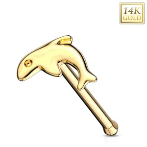 Ravni piercing za nos od 585 žutog zlata - mali sjajni dupin