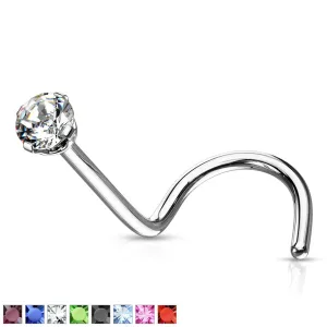 Zakrivljeni piercing za nos napravljen od nehrđajućeg čelika - sitni obojeni kristal u postolju - Širina piercinga: 1 mm, Piercing boja: Akva