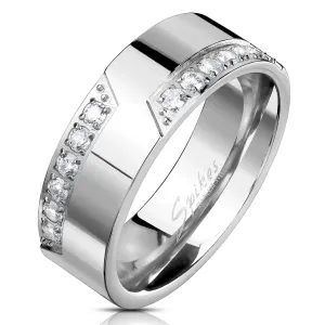 316L čelični vjenčani prsten, srebrna boja, linija prozirnih cirkona, 8 mm - Veličina: 70