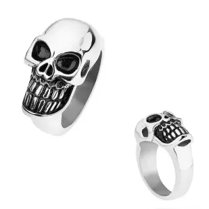 Blistavi prsten izrađen od nehrđajućeg čelika, okomito postavljena lubanja, crna patina - Veličina: 63