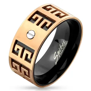 Čelični prsten - bakreno- crna kombinacija, urezani simboli, mali vijak, 9 mm - Veličina: 60