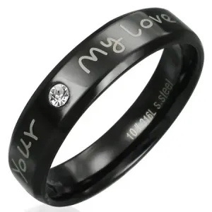 Čelični prsten - crn s izjavom ljubavi i prozirnim cirkonom - Veličina: 54