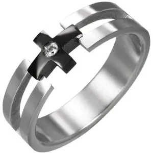 Čelični prsten - crni križ, prozirni cirkon - Veličina: 49