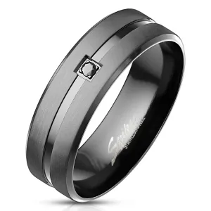 Čelični prsten - crni okrugli cirkon, matirane trake, glatka površina - Veličina: 59