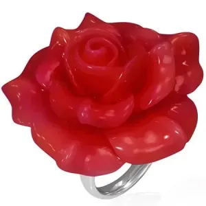 Čelični prsten - crvena rascvjetana ruža, smola - Veličina: 49