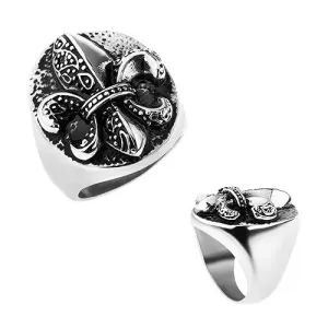 Čelični prsten, heraldički ljiljan u ovalu, srebrna boja, patina - Veličina: 64