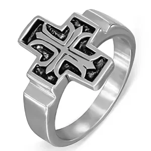 Čelični prsten, heraldički ljiljan u patiniranom latinskom križu - Veličina: 67