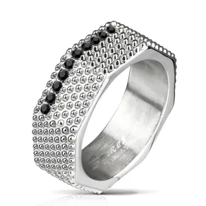 Čelični prsten - industrijski stil, masivni vijak s istaknutim dijelovima i crnim cirkonima - Veličina: 59