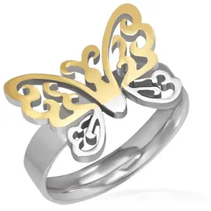 Čelični prsten - izrezbareni zlatno-srebrni leptir - Veličina: 54