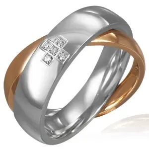 Čelični prsten - križni prsten - cirkonski križ, srebrni i zlatni - Veličina: 54