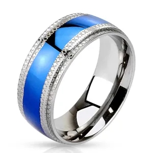 Čelični prsten - plava traka u sredini, nazubljeni rubovi - Veličina: 59