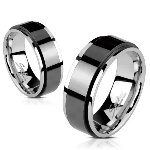 Čelični prsten - pruga crne boje, povišena i može se okretati, uski rubove, 6 mm - Veličina: 49