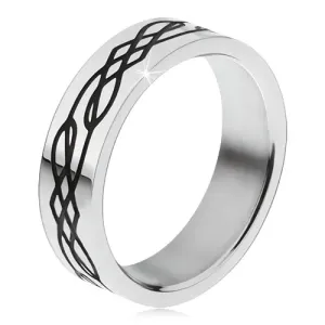 Čelični prsten, ravna površina, crna valovita linija i dijamanti - Veličina: 67