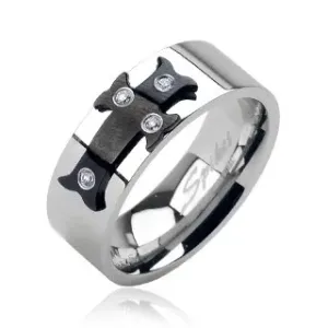 Čelični prsten s crnim križem i cirkonima - Veličina: 68