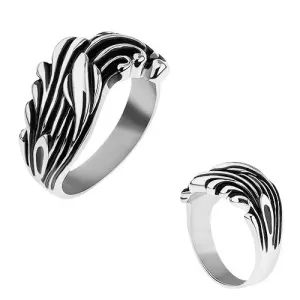 Čelični prsten s crnom patinom, blistave valovite linije - Veličina: 62
