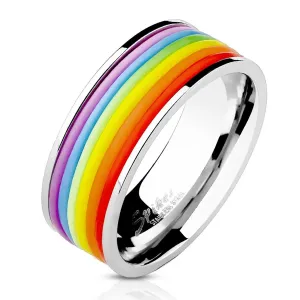 Čelični prsten s gumenim središnjim dijelom u duginim bojama - Veličina: 59