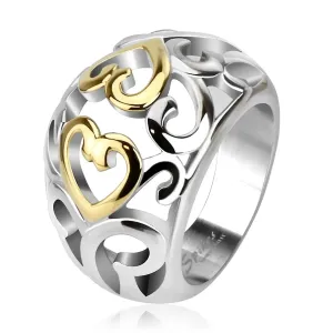 Čelični prsten s izrezanim ukrasom, zlato i srebro - Veličina: 49