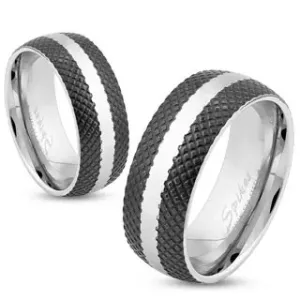 Čelični prsten s mrežastom crnom površinom, pruga srebrne boje, 6 mm - Veličina: 49