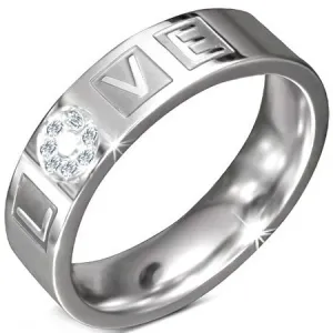 Čelični prsten s ugraviranim natpisom LOVE s cirkonima - Veličina: 49