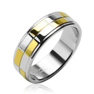 Čelični prsten s zlatnim i srebrnim sjajnim pravokutnicima - Veličina: 57