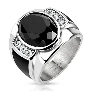 Čelični prsten sa crnim brušenikm ovalom, prozirni cirkoni i crne pruge - Veličina: 61