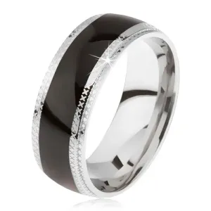 Čelični prsten, sjajna crna središnja linija, rubovi s utorima - Veličina: 62