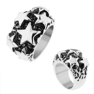 Čelični prsten, sjajne izbočene zvijezde srebrne boje, crna patina - Veličina: 67