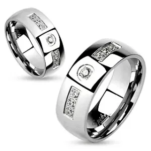 Čelični prsten, srebrna boja, blistava glatka linija, prozirni cirkoni - Veličina: 59