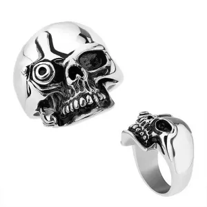Čelični prsten, srebrna boja, blistava patinirana lubanja u Terminator stilu - Veličina: 56