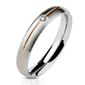 Čelični prsten - srebrnast, zlatni središnji žlijeb i cirkon - Veličina: 51