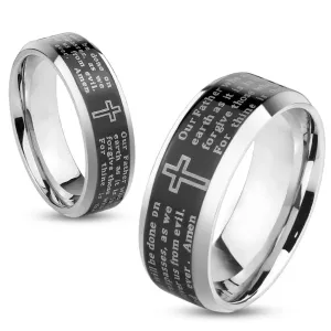 Čelični prsten srebrne boje, crna pruga - molitva Oče naš, 8 mm - Veličina: 62