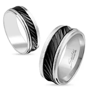 Čelični prsten srebrne boje, crna pruga sa dijagonalnim usjecima, kvrge, 8 mm  - Veličina: 59