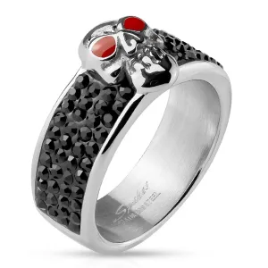 Čelični prsten srebrne boje, lubanja sa crvenim očima, crni cirkoni - Veličina: 65