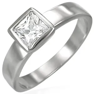 Čelični prsten srebrne boje, prozirni kvadratni cirkon u postolju - Veličina: 51