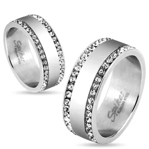 Čelični prsten srebrne boje, rubovi s utisnutim prozirnim cirkonima, 8 mm - Veličina: 67