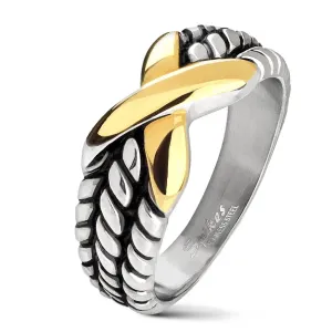 Čelični prsten srebrne boje, usjeci na krakovima, X zlatne boje - Veličina: 64