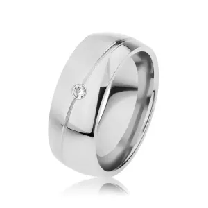 Čelični prsten srebrne boje, uski kosi usjek, cirkon - Veličina: 57
