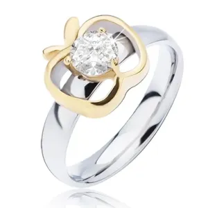 Čelični prsten srebrne boje, zlatna silueta jabuke sa okruglim prozirnim cirkonom - Veličina: 54