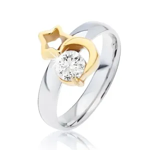 Čelični prsten srebrne boje, zlatni mjesec, silueta zvijezde i prozirni cirkon - Veličina: 58