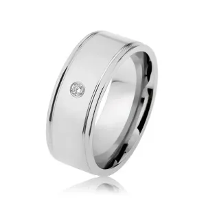 Čelični prsten srebrne boje, zrcalni sjaj, prozirni cirkon, utori na rubovima - Veličina: 57