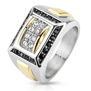 Čelični prsten srebrne i zlatne boje, crni i prozirni cirkoni, pravokutnici - Veličina: 59