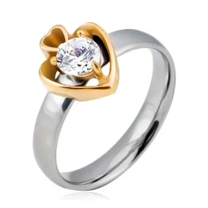 Čelični prsten, srebrni krug i dva zlatna srca sa cirkonom - Veličina: 49