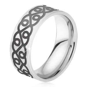 Čelični prsten - srebrni obruč, deblji crni ornament, srca - Veličina: 57